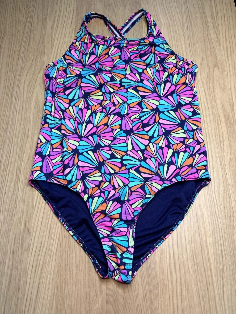 LAND'S END Girls One Piece Shell Pattern Multi Color Vacation Swimsuit XL 14/16